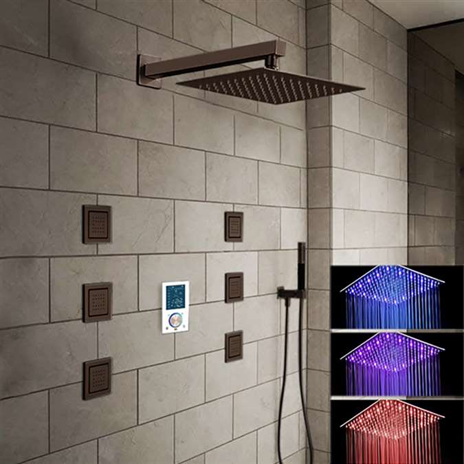 Trialo Light Oil Rubbed Bronze Solid Brass Color Changing Water Powered Led Shower with Adjustable Body Jets and Digital Mixer