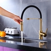 Reno Goose Neck Deck Mount Kitchen Sink Faucet Single Lever In Black And Gold Finish With Pull Out Sprayer