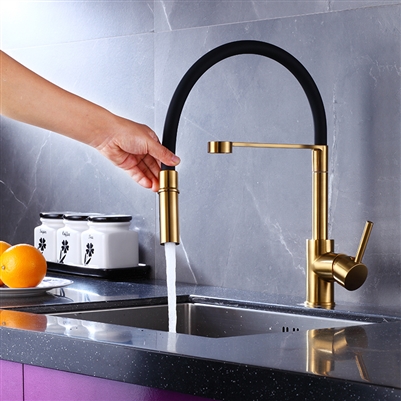 Reno Goose Neck Deck Mount Kitchen Sink Faucet Single Lever In Black And Gold Finish With Pull Out Sprayer
