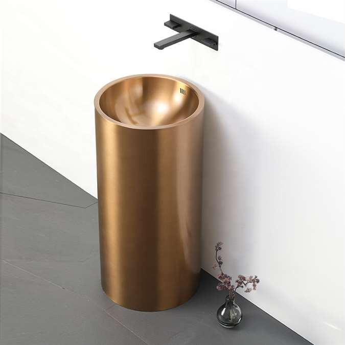 BathSelect Hotel Brushed Finish Solid Brass Freestanding Pedestal Cylindrical Sink