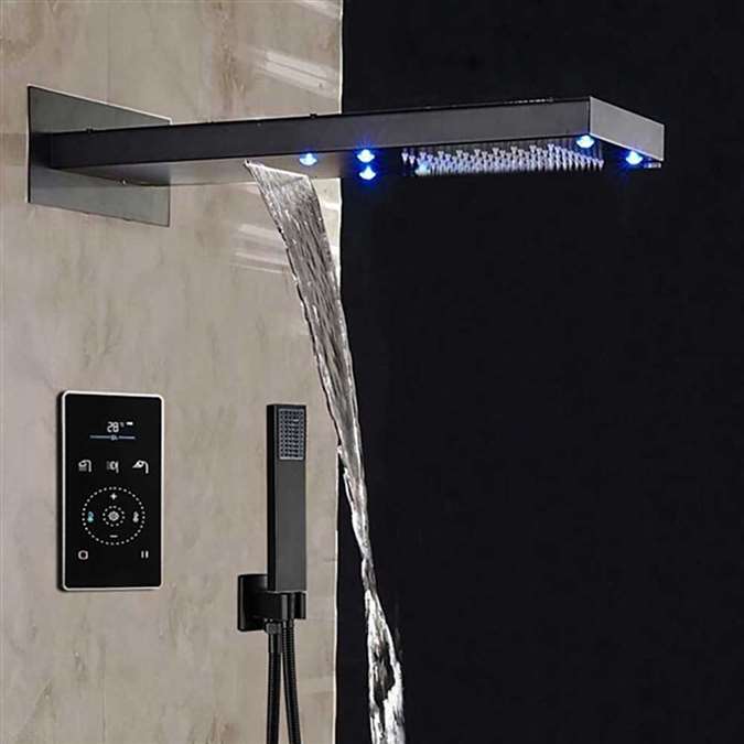 Lima Solid Brass Multi Color LED Rain Shower Head With Thermostatic LCD Mixer Valve And Handheld Shower In Matte Black Finish