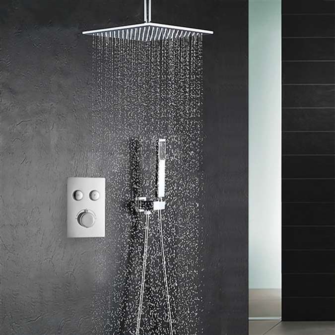 BathSelect Ceiling Mount Rainfall Shower Head With Handheld Spray And Dual Function Thermostatic Mixer In Chrome Finish