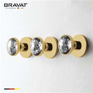 Bravat Brushed Gold Three Crystal Handle Thermostatic Bathroom Shower Mixer