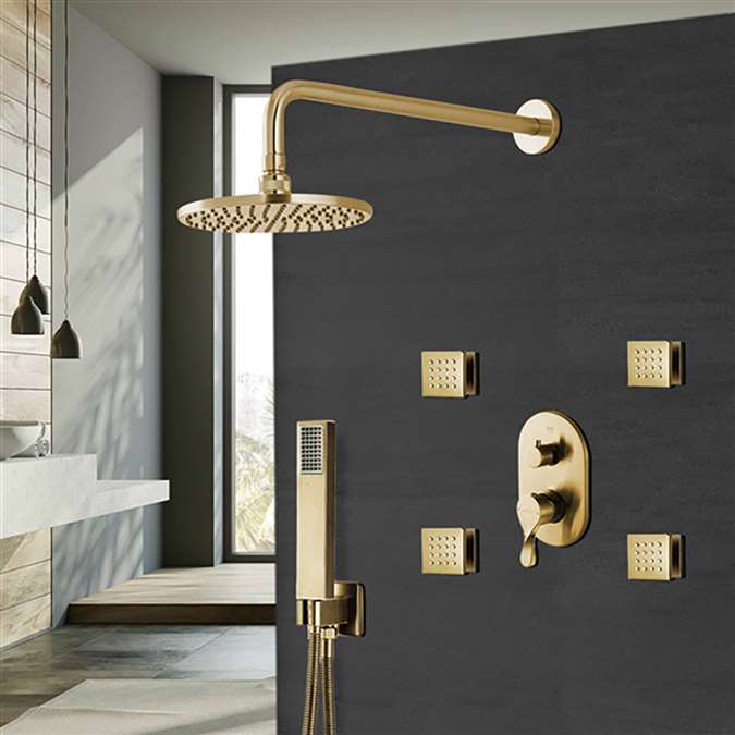Brushed Gold Rainfall Round Shower Head And Hand Held Shower With Stress-Free Body Jet & Thermostatic Mixer Valve