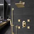 BathSelect Rainfall Square Shower Head And Hand Held Shower With Stress-Free Body Jet & Thermostatic Mixer Valve In Brushed Gold Finish