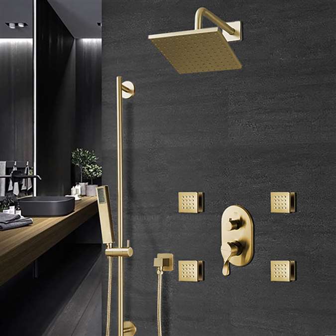 BathSelect Rainfall Square Shower Head And Hand Held Shower With Stress-Free Body Jet & Thermostatic Mixer Valve In Brushed Gold Finish