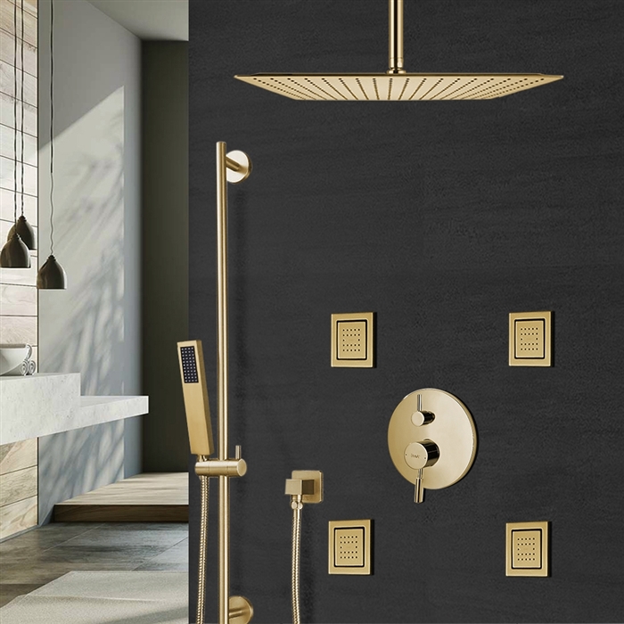 Lima Hotel Thermostatic Brushed Gold Shower Set With 4 Pieces SPA Massage Jets And 2-Way Mixer Valve