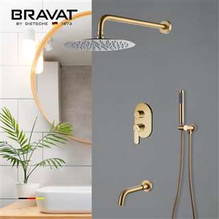 Bravat Hotel Brushed Gold Shower Head With Concealed Mixer And Handheld Shower