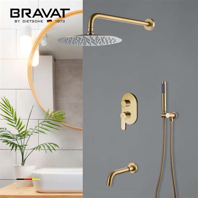 Bravat Hotel Brushed Gold Shower Head With Concealed Mixer And Handheld Shower