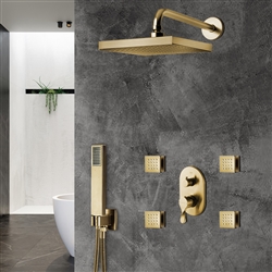 Peru Thermostatic Brushed Gold Rainfall Shower Set And Hand Held Shower With SPA Massage Jets And 2-Way Mixer Valve