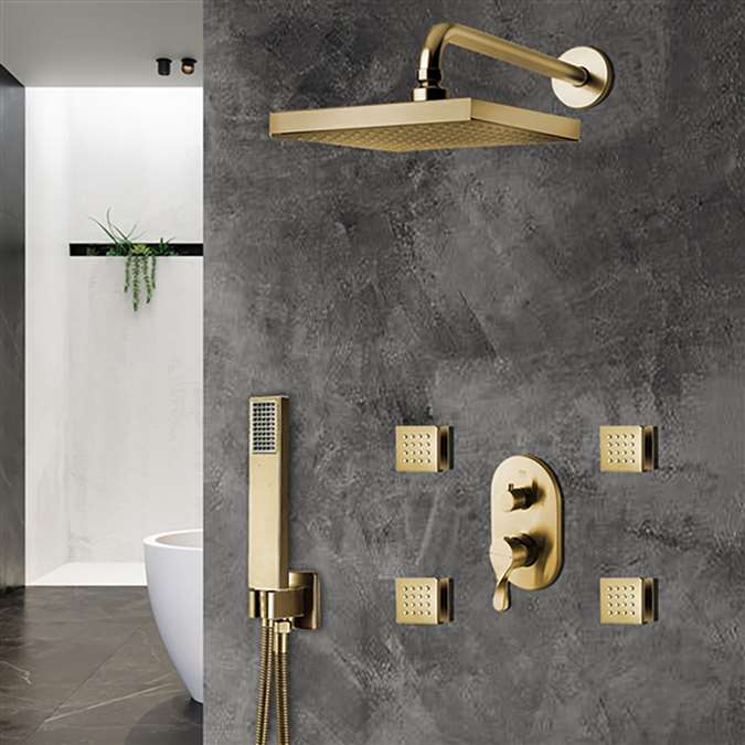 Peru Thermostatic Brushed Gold Rainfall Shower Set And Hand Held Shower With SPA Massage Jets And 2-Way Mixer Valve