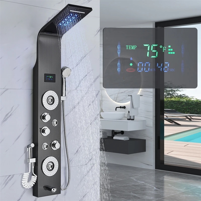 Black Stainless Steel Rainfall Shower Panel Rain Massage System with Jets & Hand Shower
