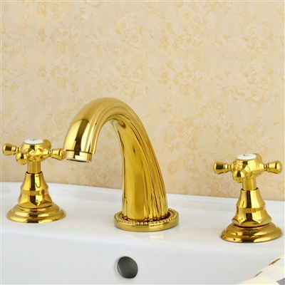 Solid Brass Gold Lemans Polished 3Pcs Bathroom Basin Sink Faucet Dual Handles Mixer Tap Deck Mount