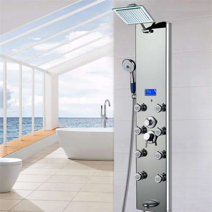 Shower Panel System in Mirror Silver Tempered Glass with Rainfall Shower Head LED Display Handshower