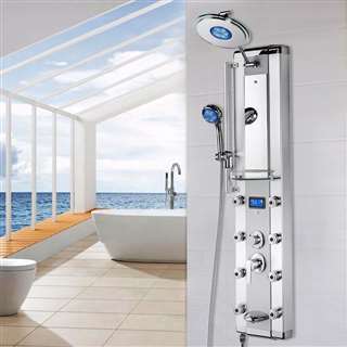 Aluminum Shower Panel System with LED Rainfall Shower Head, LED Shower Wand, Display, Tub Spout and Mirror