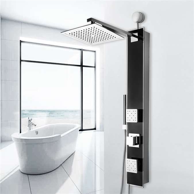 Shower Panel System in Black Tempered Glass with Rainfall Shower Head and Handheld Shower Wand