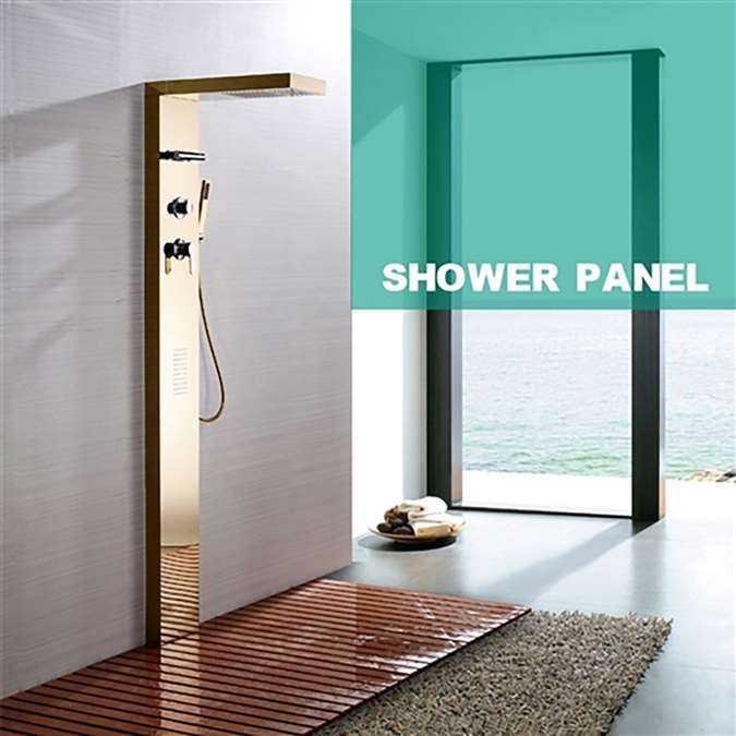 Leonardo Wall Mount Shower Panel Set Rainfall Waterfall Body Massage and Hand Shower 304 Stainless Steel Gold Finish for Hotels