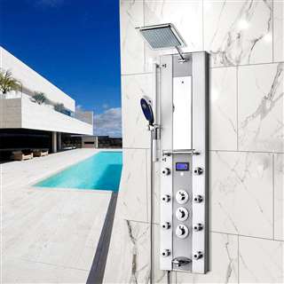 Aluminum Shower Panel System with Rainfall Shower Head, Handshower Wand, LED Display, Tub Spout and Mirror