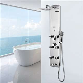 Shower System Panel with Rainfall Shower Head Hand Shower Tub Spout LED Display in Silver