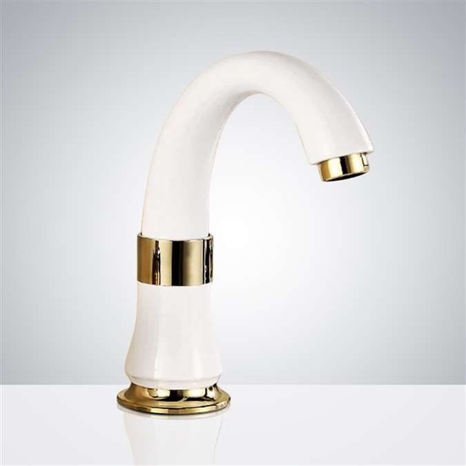 BathSelect Gold and Pearl White Curve Neck Commercial Motion Sensor Faucet