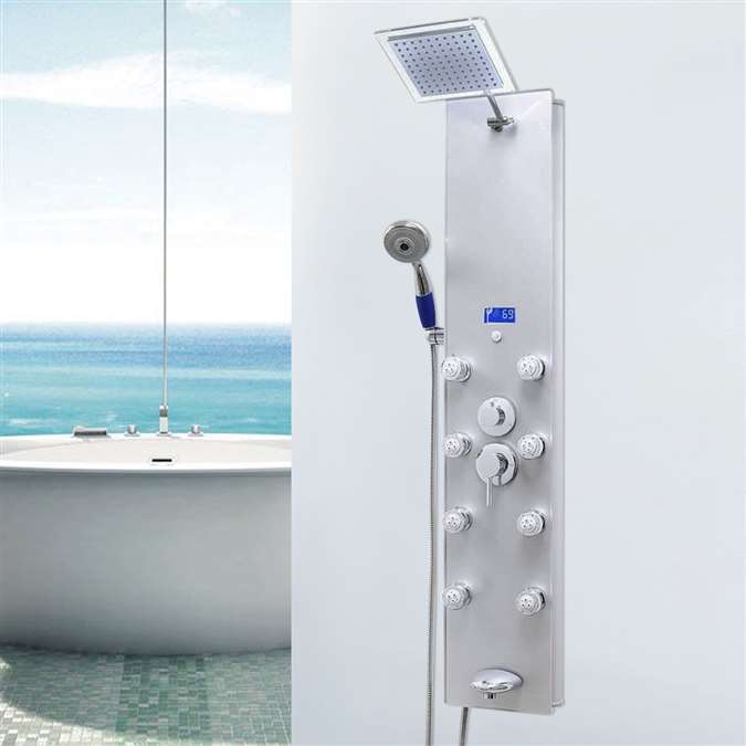 Shower Panel System in Silver Tempered Glass with Rainfall Shower Head, LED Display, Handshower, Tub Spout