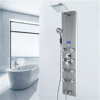 Shower Panel System in Gray Tempered Glass with Rainfall Shower Head, LED Display, Handshower and Tub Spout