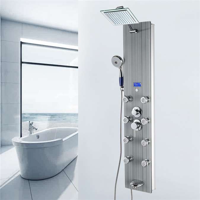 Shower Panel System in Gray Tempered Glass with Rainfall Shower Head, LED Display, Handshower and Tub Spout