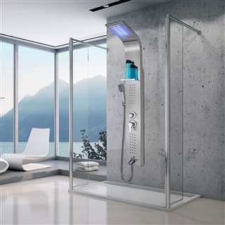 Shower Panel System in Stainless Steel with Rainfall Waterfall LED Shower Head and Hand Shower Wand