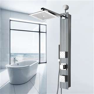 Shower Panel System in Silver Tempered Glass with Rainfall Shower Head and Shower Wand