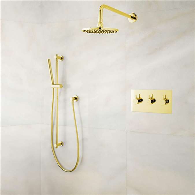 BathSelect Gold Wall Mount Round Rainfall Shower Set with Handheld Shower
