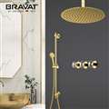 BathSelect Gold Wall Mount Rainfall Shower Set with Crystal Bravat Mixer and Handheld Shower