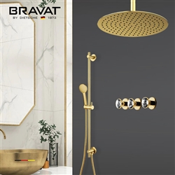 BathSelect Hotel Gold Wall Mount Rainfall Shower Set with Crystal Bravat Mixer and Handheld Shower