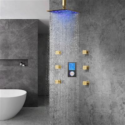 Naples Gold Finish Multi Color LED Rain Shower Head With Digital Mixer And 360° Adjustable Body Jets