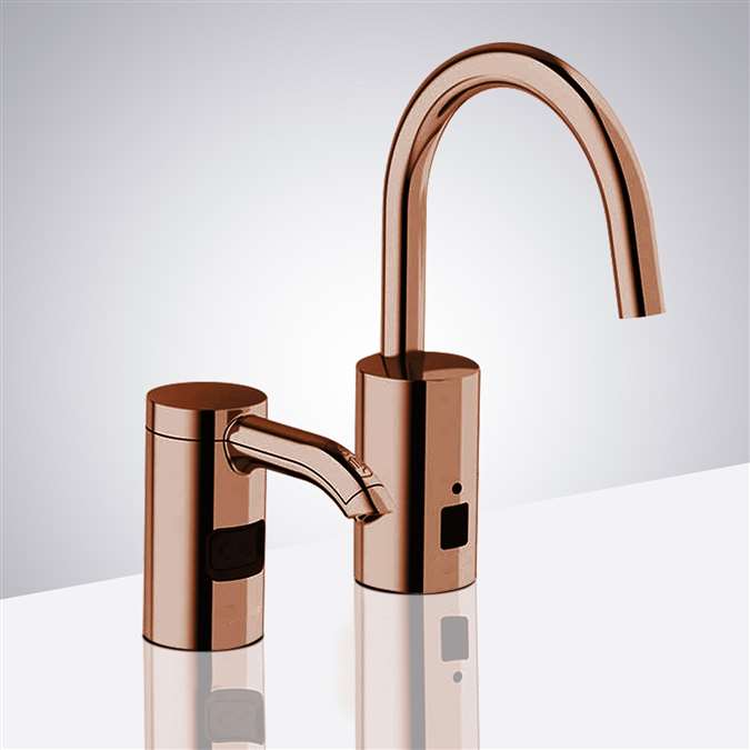 Rose Gold Automatic Commercial Sensor Kitchen Faucet And Matching Soap Dispenser