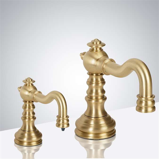 Florence Brushed Gold Finish Deck Mount Dual Commercial Sensor Faucet And Soap Dispenser