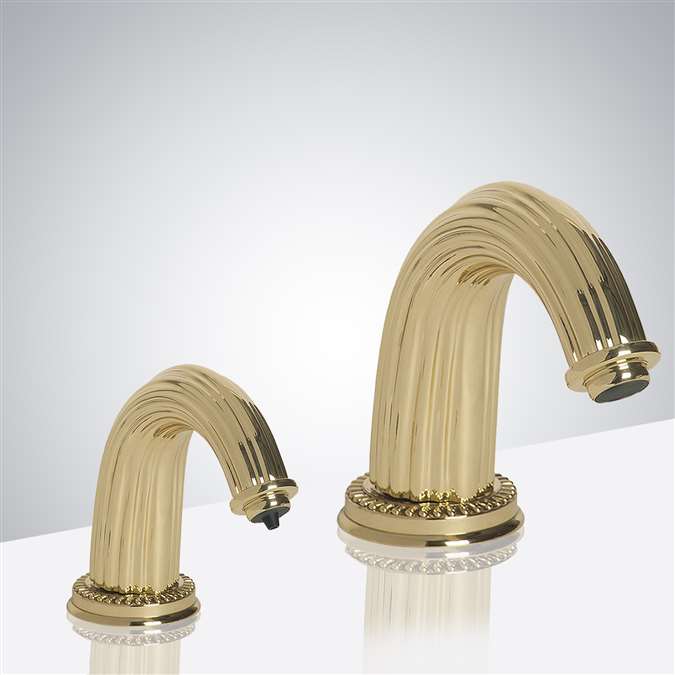 Venice Shiny Gold Finish Deck Mount Dual Commercial Sensor Faucet And Soap Dispenser With Horizontal Lines Design Over It