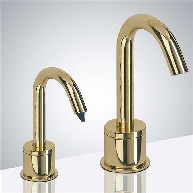 Wella Goose Neck Shiny Gold Finish Freestanding Dual Commercial Sensor Faucet And Soap Dispenser