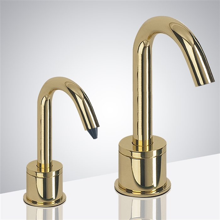 Wella Hospitality Goose Neck Shiny Gold Finish Freestanding Dual Commercial Sensor Faucet And Soap Dispenser