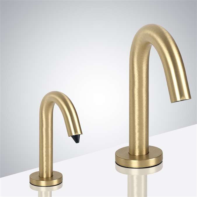 Naples Goose Neck Brushed Gold Finish Freestanding Dual Commercial Sensor Faucet And Soap Dispenser