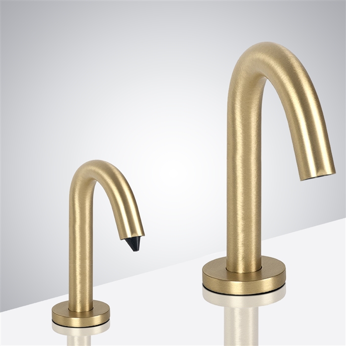 Hotel Naples Goose Neck Brushed Gold Finish Freestanding Dual Commercial Sensor Faucet And Soap Dispenser