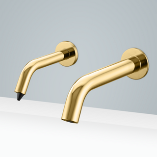 Milan Solid Brass Shiny Gold Finish Wall Mount Dual Sensor Faucet And Automatic Soap Dispenser