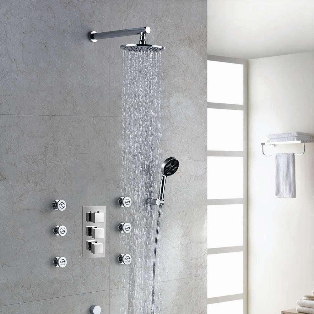 Thermostatic Shower System, 16” Ceiling LED Rain Shower System with Body  Jets, Luxury Smart Rainfall Full Body Shower System with Rain Shower and