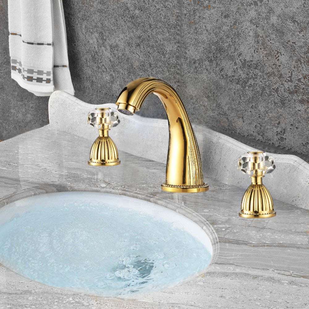 Lyon Widespread Bathroom Sink Faucet Crystal Handles Mixer Gold At  BathSelect || Crystal Bathroom Faucets