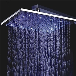 Ceiling-mounted 16-inch LED rainfall shower head in brushed stainless steel finish