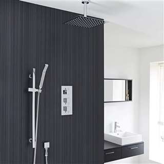 Square Chrome Rain Shower System Faucet Set 2 Outlets 12" Ceiling Head & Handset