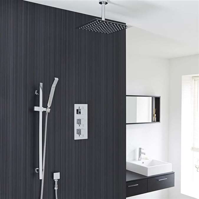 Square Chrome Rain Shower System Faucet Set 2 Outlets 12" Ceiling Head & Handset