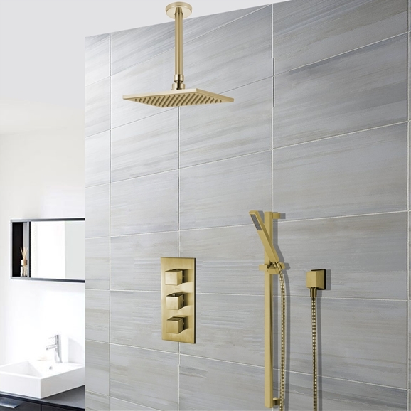 Square Hotel Brushed Gold Rain Shower System Faucet Set 2 Outlets 12" Ceiling Head & Handset
