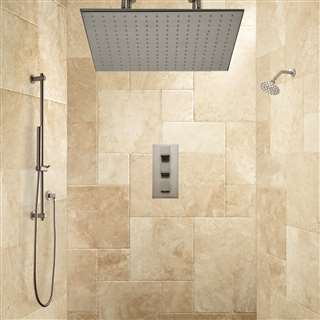 thermostatic shower system in brushed nickel finish