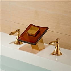LED Color Glass Spout Bathtub Faucet Widespread Mixer Tap Gold Finish