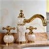 Luxury Natural Jade Gold Finish Sink Faucet Dual Handles Mixer Tap Centerset